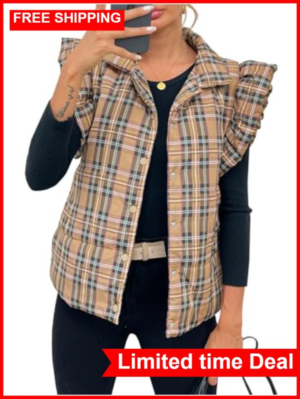 Womens Plaid Puffer Vest Ruffle Sleeveless Quilted Lightweight Fall Winter